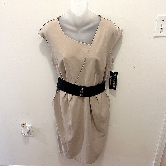 Signature by Robbie Bee Khaki Belted Cap Sleeve Dress with POCKETS size 10 NWT - Picture 2 of 11
